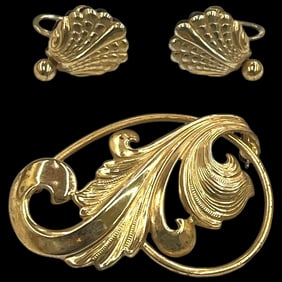 Vintage Sterling Silver Forstner Screw Back Shell Earrings and Leaf Brooch
