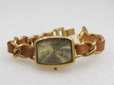 Vintage Joan Rivers Gold Tone Quartz Watch, Leather Weave, 7"