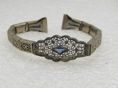 Vintage Anne Louise Simulated Sapphire Art Deco Watch Band, 12kt G.F.