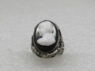 Vintage Sterling Cameo Ring, Sz. 3, Pre Mid Century