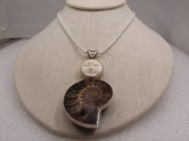 Vintage Sterling Ammonite & Moon Face Pendant on 20" Plated Chain