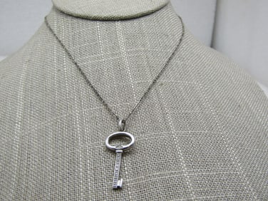 Vintage Sterling Key Necklace, Diamonds, 19" Signed