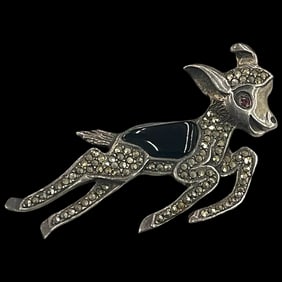 Vintage Sterling Silver Marcasite Fawn Deer Pin/ Bambi Brooch with Red Rhinestone Eyes