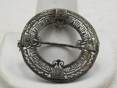 Vintage Art Deco Sterling Filigree Circle Brooch, Rhinestone Accents, 1-1/8"