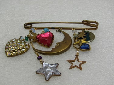 Vintage Celestial Hearts & Moon Brooch, Dangling Charms 3"
