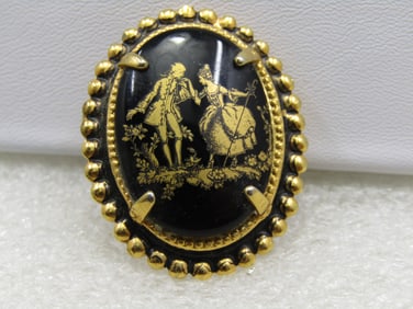 Vintage Black & Gold Courting Cameo Brooch Pendant,