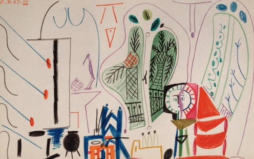 Picasso Sketchbook Carnet de la Californie Lithograph 4 dated 8/11/1955: Artist: Pablo Picasso Country: Spain Title: No. 4 Date 8/11/1955 Medium: Lithograph Marks: Numbered &amp; dated in plate, not signed Paper Size: 16.5 x10.5 inch Published: 1960 by Edition Cercle D'Art
