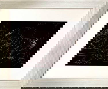 Picasso Gravure Erotic 1 /9/1968 framed: Title: Untitled Erotic 1 Artist: Pablo Picasso Country: Spain Medium: Lithograph Marks: Not signed, not numbered Paper Size: 11 x 11 inch Printed: 1968 on paper Provenance: Picasso's Erotic Grav