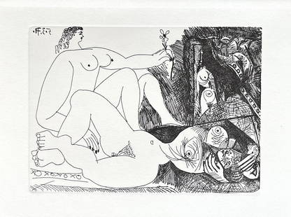 Picasso Gravure Apollinaire Les onze mille verges 12: Title: Les onze mille verges 12 Artist: Pablo Picasso Country: Spain Medium: Gravure Marks: Not signed, numbered Paper: Grand Velin de Papeteries de Lana 10.50 x 8 inch Printed: 1984 in Paris Pr