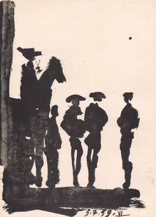 Pablo Picasso Toros y Toreros 6 dated 5/7/59: Artist: Pablo Picasso Country: Spain Title: Toros y Toreros 6 dated 5/7/59 Medium: Bichromie Marks: Not signed not numbered Paper size: Vellum 14.75 x 10.50 inch Publisher: Editions Cercle d'Art 1961,