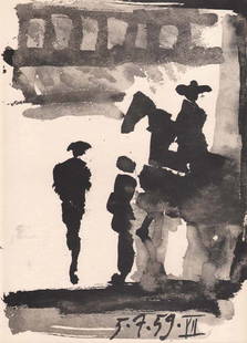 Pablo Picasso Toros y Toreros 7 dated 5/7/59: Artist: Pablo Picasso County: Spain Title: Toros y Toreros 7 dated 5/7/59 Medium: Bichromie Paper size: On vellum 14.75 x 10.50 inch Publisher: 1961 by Editions Cercle d'art, France Provenance: Sketch