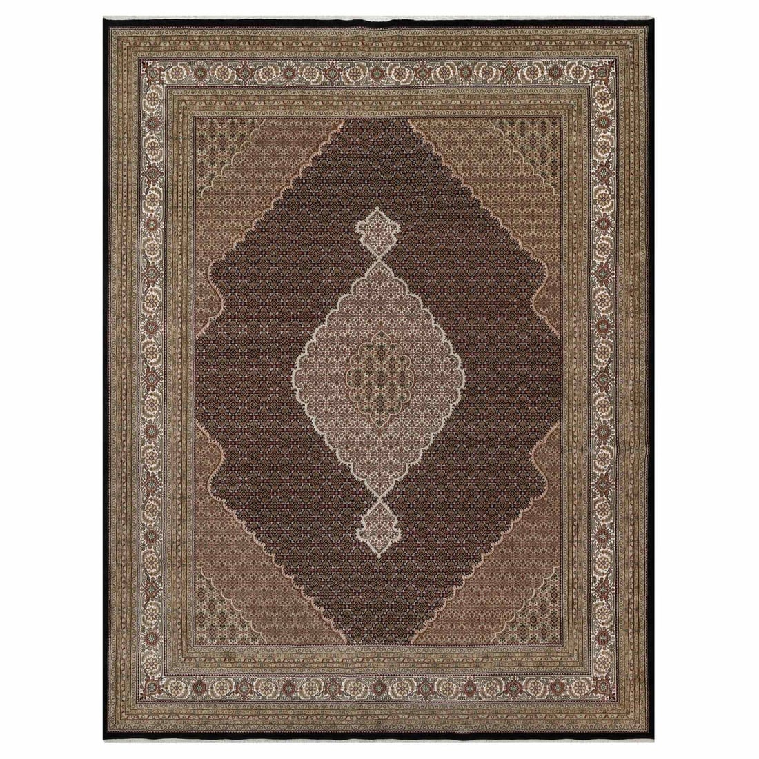 Rich Black Hand Knotted Tabriz Mahi with Fish Design Hand Knotted Rug: Title: Rich Black Hand Knotted Tabriz Mahi with Fish Design Hand Knotted Rug Description: This is a truly genuine one-of-a-kind. It has been Knotted for months and months in the centuries-old weaving