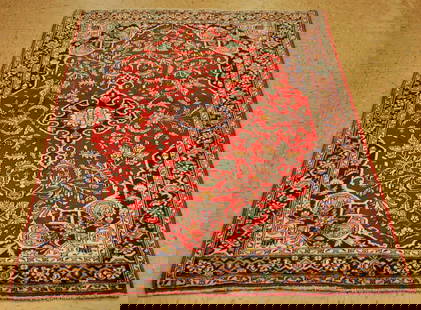 Persian BIJAR RUG ,3'5" x 4'8": Title: Persian BIJAR RUG ,3'5" x 4'8" Description:OLD,ANTIQUE HIGHLY DETAILED Persian BIJAR ORIENTAL RUG CLASSIC VILLAGE WOVEN......... Red field with Royal Blue border................Kork wool woven