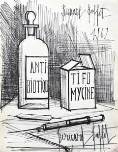 Bernard Buffet Tfomicine Signed Lithograph 1962: Artist: Bernard Buffet Title: Tifomicine Medium: Lithograph Marks: Hand-signed in pencil Printed: 1962 by La pressed Artistique, France Paper: Sirene Arjomarie 10.50 x 8.50 inch Provenance: Portfolio