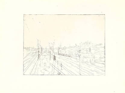 1947 Paul Klee Engraving 9 Railroad Station 1911: Artist: Paul Klee Country: Switzerland / Germany Title: Railroad Station 1911 Medium: Engraving - 9 printed: 1947 by Meriden Gravure Company Size: Vellum paper 12 x 9 inches, Same size as the original