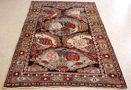 Persian BIJAR RUG, 4.3x6.7: Title: Persian BIJAR RUG, 4.3x6.7 Description:OLD,ANTIQUE CLASSIC DETAILED DESIGN Persian BIJAR 0RIENTAL RUG with Ultra rare Camel Hair/wool border and Black field...Vegetable dye wool woven on cotton
