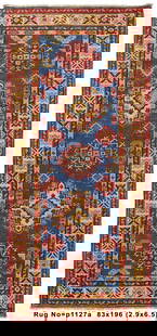 Handmade 3' x 6' Sapphire Elegance Ornate Passage Kazak Runner Rug #P1127: Title:Handmade 3' x 6' Sapphire Elegance Ornate Passage Kazak Runner Rug #P1127 Description:Size in Feet: Width: 2.9 x Length: 6.5 Size in Inches: Width: 33 in x Length: 77 in Rug Type: Area Rug Color