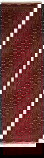 Vintage Red Tribal 3'4X12'6 Turkoman Persian Runner Rug: Title: Vintage Red Tribal 3'4X12'6 Turkoman Persian Runner Rug Description:Handmade vintage Persian runner made with natural dyes (fine wool pile and cotton foundation), superior knot count, and allur