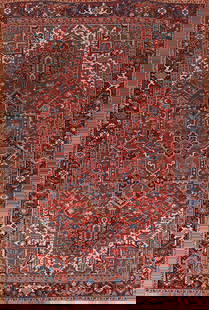 Antique Red Geometric Heriz Serapi Persian Area Rug 8x12: Title: Antique Red Geometric Heriz Serapi Persian Area Rug 8x12 Description:A Beautiful Genuine Iran ( Persia ) Heriz (serapi) rug is Hand Knotted by skillful weavers in Iran ( Persia ) w
