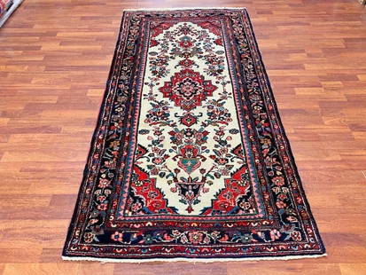 Antique Persian hamadan Rug-3449: Title: Antique Persian hamadan Rug-3449 Description:An ivory field antique Persian Hamadan rug from west of Persia, size 3 ft. 8 inches by 7 ft, excellent condition with a good pile throughout, comple