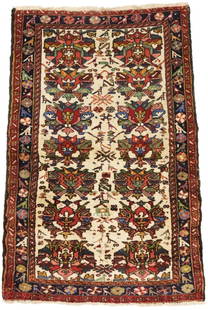 Vintage Floral Tribal 3X5 Karajeh Persian Rug: Title: Vintage Floral Tribal 3X5 Karajeh Persian Rug Description:Handmade vintage 3X5 cream Persian rug made with vegetable dyes (fine wool pile and cotton foundation), exceptional knot count, and all