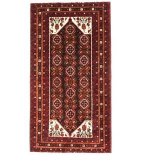 Vintage Plum Tribal 3'7X6'8 Balouch Persian Rug: Title: Vintage Plum Tribal 3'7X6'8 Balouch Persian Rug Description:Hand Knotted vintage 3'7X6'8 red Persian rug made with vegetable dyes (fine wool pile and cotton foundation), superior knot count, an