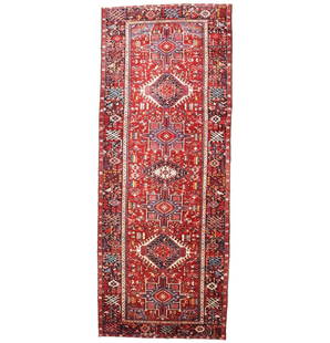 Vintage Red Tribal 5X13 Karajeh Persian Runner Rug: Title: Vintage Red Tribal 5X13 Karajeh Persian Runner Rug Description:Handmade vintage 5X13 red Persian runner made with natural dyes (fine wool pile and cotton foundation), superior knot count, and a