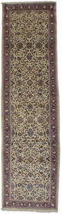 Vintage Cream Floral 3X11 Sarouk Persian Runner Rug: Title: Vintage Cream Floral 3X11 Sarouk Persian Runner Rug Description:Hand Knotted vintage Persian runner made with vegetable dyes (fine wool pile and cotton foundation), exceptional knot count, and