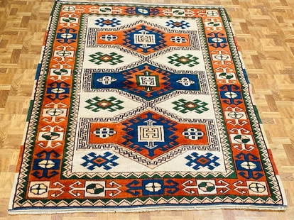 Vintage Turkish Kazak Caucasian rug-4742: Title: Vintage Turkish Kazak Caucasian rug-4742 Description:Vintage Turkish Kazak Caucasian design rug, from central Turkey, size 3 ft. 3 inches by 4 ft. 8 inches, circa 1960, excellent with all origi