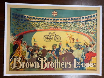 Brown Brothers Bicycles - Art By Montoya (1900) 30x41 UK Advertising Poster LB: Brown Brothers Bicycles - Art By Montoya (1900) 30x41 UK Advertising Poster LB, Please refer to the attached photos to determine the condition of this original vintage item. Note: LB means Linen Backe