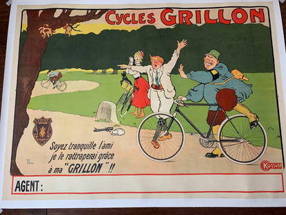 Cycles Grillon - Art By Hans Thor (1900) 39x54 French Advertising Poster LB: Cycles Grillon - Art By Hans Thor (1900) 39x54 French Advertising Poster LB, Please refer to the attached photos to determine the condition of this original vintage item. Note: LB means Linen Backed.