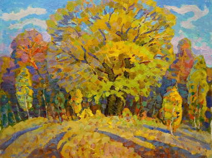 Oil painting Autumn oak Ruban Grigory Savelievich: &#8470;Verns 604 *** ABOUT THIS PAINTING *** * TITLE: "Autumn oak" * ARTISTS: Ruban Grigory Savelievich * SIZE: 47x62 cm/'18.50x24.40 inches' * MEDIUM: oil, cardboard * HAND PAINTED: Original painting