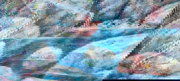 Oil painting Lake in the mountains Vitaly Duhnevich: №Duhn 58 "Lake in the Mountains" by Vitaly Duhnevich invites the viewer into a secluded, untouched corner of nature, where clear waters gently flow among rugged rocks and bare trees. The artist&