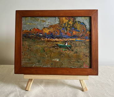 Oil painting Autumn evening silence Oksana Kalenyuk: &#8470;AAA3838 This oil painting cardboard, titled "Autumn evening silence", the painting is divided into three main elements: the overcast sky, the vibrant autumn foliage, and the reflective surface