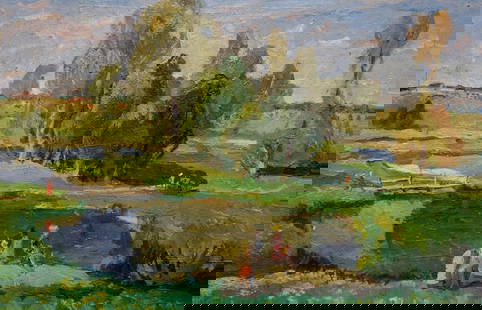 Oil painting Children at the pond: &#8470;Verns 315 *** ABOUT THIS PAINTING *** * TITLE: "Children at the pond" * ARTISTS: Unknown artist * SIZE: 40x60 cm/'15.74x23.62 inches' * MEDIUM: oil, cardboard * HAND PAINTED: Original painting