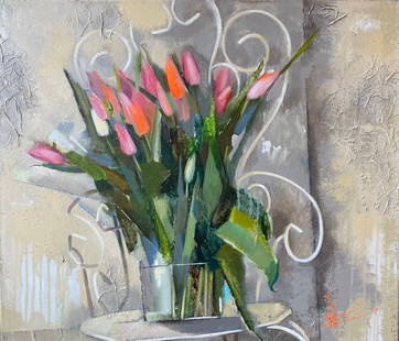 Abstract Oil painting Brussels tulips Oksana Kyrylenko: 98KOR Painter: Oksana Kyrylenko S?ze: 60x70 cm/ 23,6x27,5 inches Components: oil, canvas, acrylic Original painting from our collection ERA: 2022 Oksana Ivanivna was born on May 11, 1961 in the city o