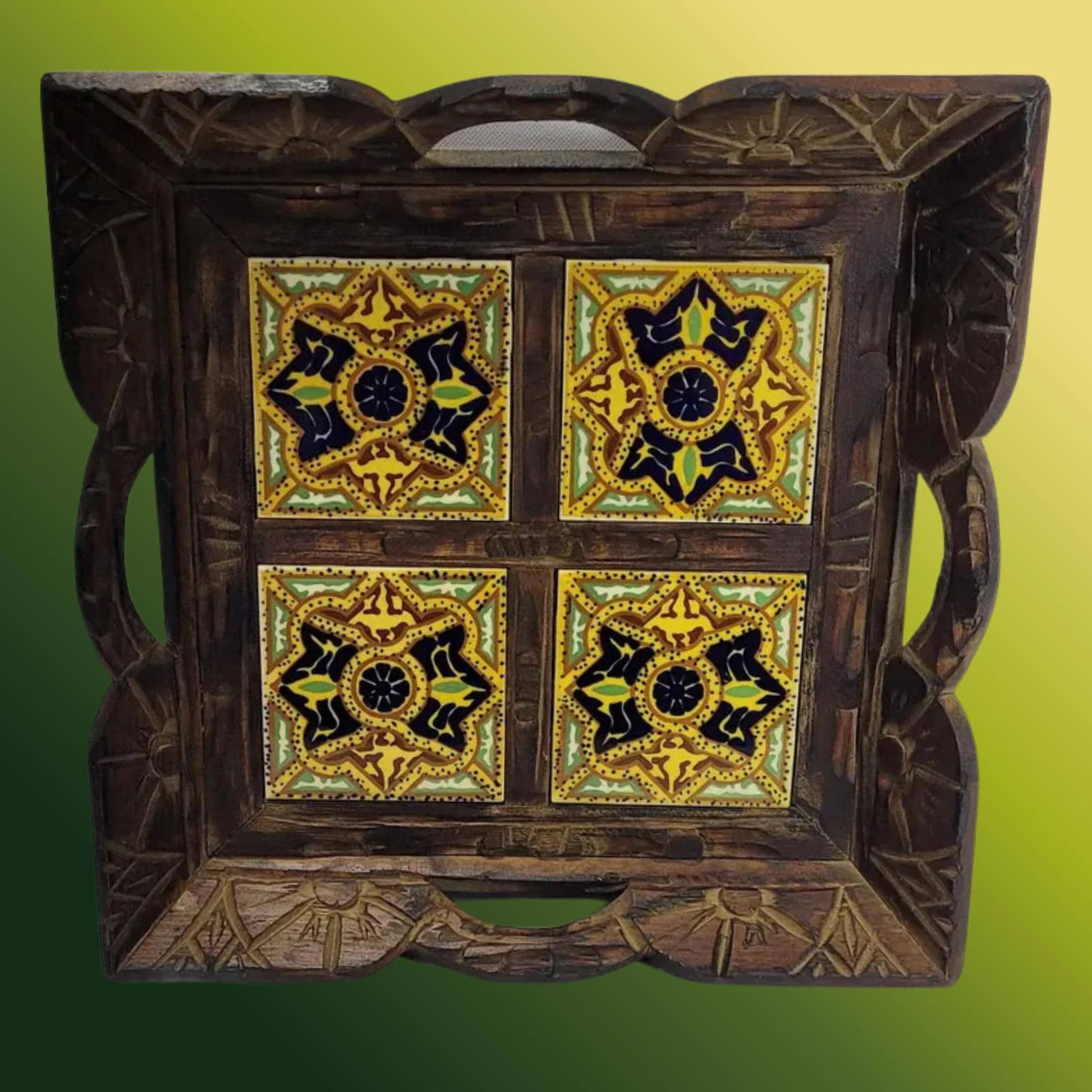 Vintage Wooden Serving Tray Talavera-Style Tiles Hand-Carved Rustic Mediterranean Folk Art 15"x15": Vintage from the 1970s Materials: Wooden Barware, Mexican Folk Art Tile, Emerald Green Jewel Tone Ceramic, Art Potter Wood Craved Platter Width: 15 inches Height: 2.5 inches Length: 15 inches Vintage