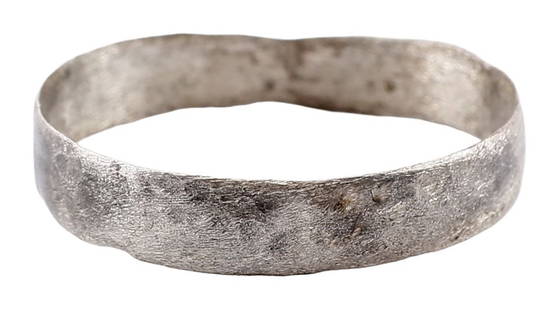 VIKING WEDDING RING, 10TH-11TH CENTURY, SIZE 11 1/4: Bronze, with a pure silver surface, professionally restored. See the reference image which shows the process. Low rounded face band, 4.4mm wide. Surface textured from burial. Jewelry gift boxed with c