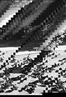 Blind Man Feeding Pigeons, Venice, Italy - Silver Gelatin: Title: Blind Man Feeding Pigeons, Venice, Italy - Silver Gelatin Photograph - Limited Edition of 10 Artist: Paul Cooklin Origin: United Kingdom Medium: Photography, Black & White on Paper Dimensions: