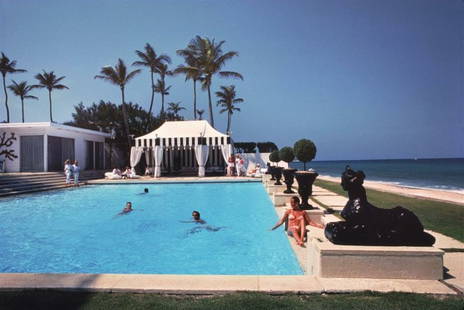 Slim Aarons 'Molly Wilmot’s Pool' 1982 C Type Print Framed In White: Description Slim Aarons 'Molly Wilmot&#8217;s Pool' 1982 C Type Print Framed In White The swimming pool at the home of Molly Wilmot in Palm Beach, Florida, April 1982. C Type Open Edition Print Paper
