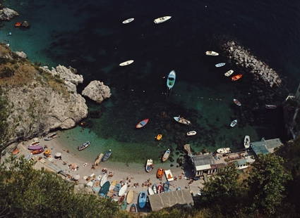 Slim Aarons 'Conca Dei Marini' 1984 Oversize C Type Print Framed In Black: Description Slim Aarons 'Conca dei Marini' 1984 Oversize C Type Print Framed In Black A busy bay in Conca dei Marini, on the Amalfi coast in Italy, August 1984. (Photo by Slim Aarons) C Type Open Edit