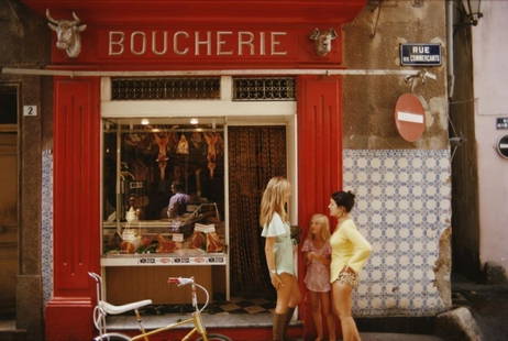 Slim Aarons 'Saint Tropez Boucherie' 1971 C Type Print Framed In White: Description Slim Aarons 'Saint-Tropez Boucherie' 1971 C Type Print Framed In White A boucherie or butcher&#8217;s shop on Rue des Commercants in Saint-Tropez, on the French Riviera, August 1971. (Phot