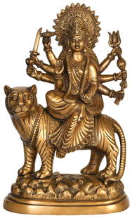 14" Simhavahani Goddess Durga Brass Statue | Handmade Sherawali Mata Brass Idol | Made in India: Title: 14" Simhavahani Goddess Durga Brass Statue | Handmade Sherawali Mata Brass Idol | Made in India Description: Brass Statue Height: 14.9 inch Width: 9.3 inch Depth: 3.8 inch Weight: 6.30 kg Addit