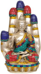 Buddha Seated in Blessing Hand: Title: Buddha Seated in Blessing Hand Description: Brass Statue with Inlay Height: 11 inch Width: 8 inch Depth: 9.5 inch Weight: 2.30 kg Reserve: $257.00 Shipping: Domestic: Shipping rates are determi