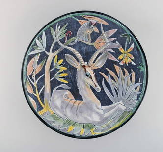 Tilgmans, Sweden. Large unique circular bowl / dish in glazed ceramics with antelope and monkey.: Tilgmans, Sweden. Large unique circular bowl / dish in glazed ceramics with antelope and monkey. Dated 1957. Measures: 25.5