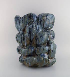 Christina Muff, Danish contemporary ceramicist (b. 1971). Large, hand modeled stoneware sculptural: Christina Muff, Danish contemporary ceramicist (b. 1971). Large, hand modeled stoneware sculptural vase with protrusions. This vessel is glazed in hues of grey and blue with brown areas in the depths.