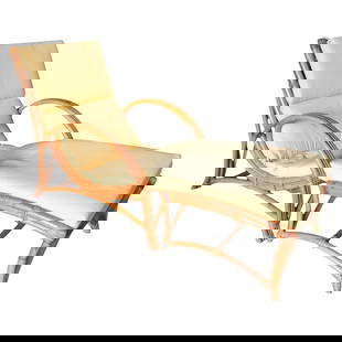 Restored Two-Strand Slope Seat Rattan Chaise Lounge With Ottoman: About the Item Two-strand slope seat rattan lounge chair with matching ottoman. The chair arms feature 2 full rattan poles bent into an arch with a decorative center stick rattan piece. The seat featu