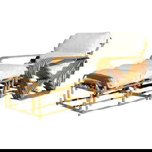 Restored 6-Stand Square Pretzel Rattan Chaise Lounge w/ Ottoman: About the Item Original Mid-Century Paul Frankl style six-strand square pretzel rattan chaise lounge featuring a large lounge chair with matching ottoman that perfectly fits the base of the lounge cha