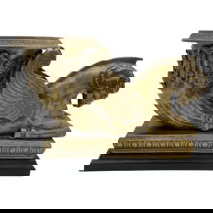 Golden Fleece Chrysomallos Winged Ram Bronze Mantle Urn: About the Item Early 20th Century Bronze mantle urn with black composite base featuring the Greek Golden Fleece Chrysomallos decorative with black composite base. Measurements: Length: 14 3/4" Width: