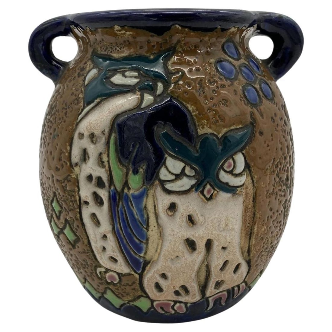 Edwardian Amphora Austria "Campina" Owl Pottery Vase: About the Item Amphora Austria "Campina" Owl Pottery Vase circa 1910 An Austrian Pottery vase adorned with an owl-inspired design motif stands out for its intricate detailing. The owls themselves feat